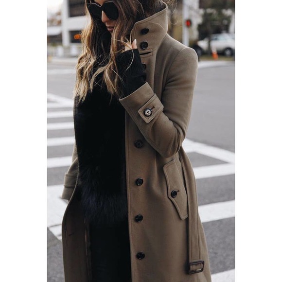 COPY - Burberry Trench Coat Belted Cashmere Wool Pea Coat Dark Green Tan US 4 U… - Picture 2 of 14